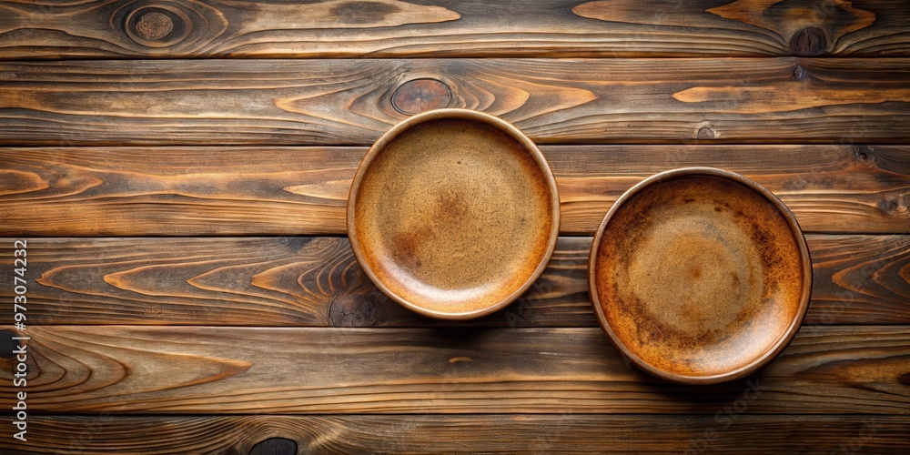 Top view of two empty rustic ceramic plates on a wooden table Top view of two empty rustic ceramic plates on a wooden table