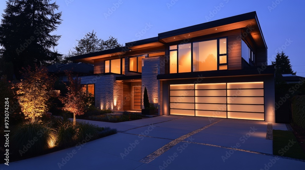 Obraz premium A newly built home with a sleek, high-tech design, including smart home features, automated lighting, and a modern, clean exterior