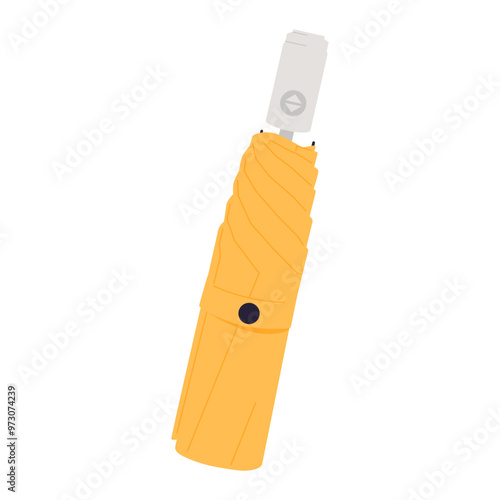 Folded closed compact umbrella for rain protection. Small foldable accessory for rainy weather.