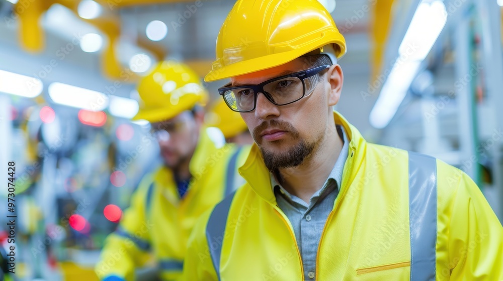 Engineer wearing a yellow safety helmet and reflective jacket supervising the factory floor, focusing on machinery and operations with workers in the background. Engineer wearing a yellow safety helmet and reflective jacket supervising the factory floor, focusing on machinery and operations with workers in the background.