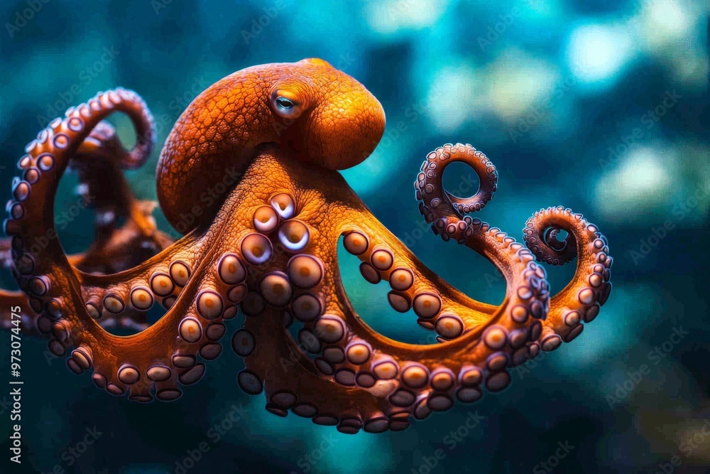 Naklejka premium An orange octopus gliding through the deep sea, its tentacles flowing gracefully in the water