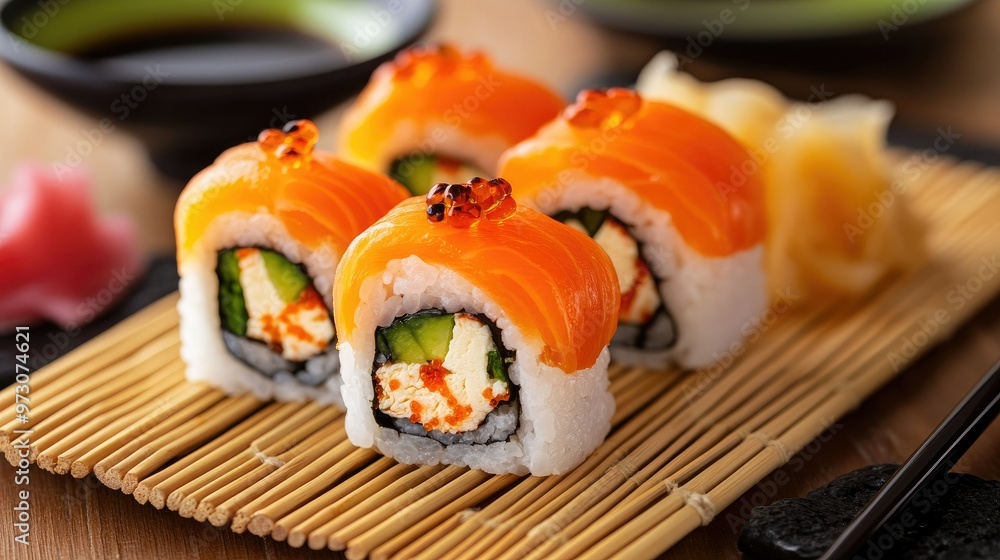 Delicious sushi rolls on a bamboo mat, with wasabi, pickled ginger, and soy sauce on the side. Delicious sushi rolls on a bamboo mat, with wasabi, pickled ginger, and soy sauce on the side.