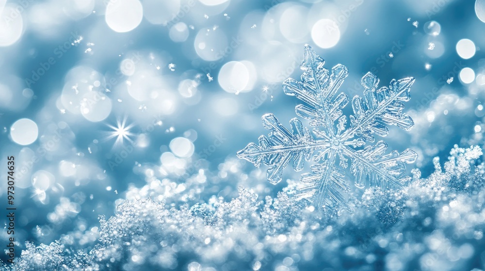 Snowflakes gently falling on a soft blue background, their delicate patterns highlighted by the cool hues Snowflakes gently falling on a soft blue background, their delicate patterns highlighted by the cool hues