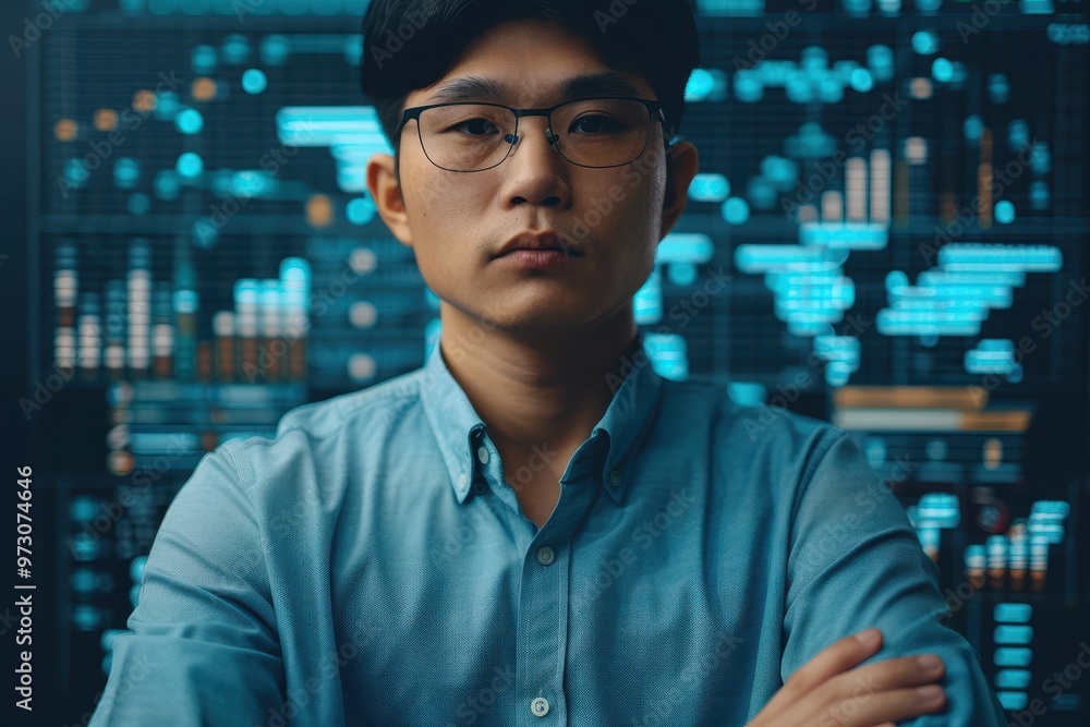 A serious-looking data analyst with crossed arms standing in front of a large digital screen filled with global financial charts and data, representing analytics and technology. A serious-looking data analyst with crossed arms standing in front of a large digital screen filled with global financial charts and data, representing analytics and technology.