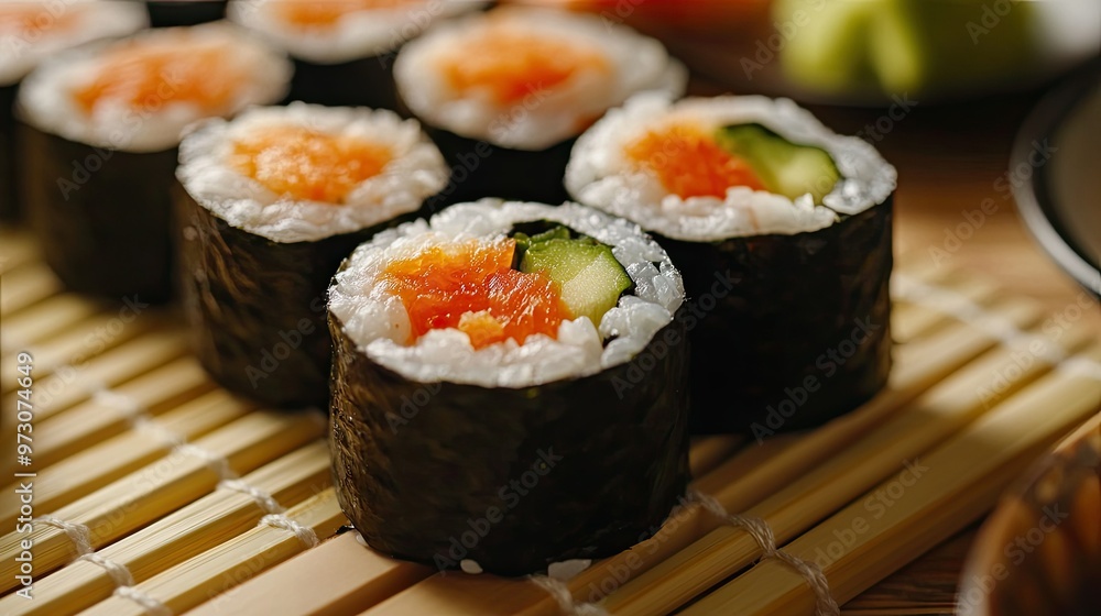 Delicious sushi rolls on a bamboo mat, with wasabi, pickled ginger, and soy sauce on the side. Delicious sushi rolls on a bamboo mat, with wasabi, pickled ginger, and soy sauce on the side.