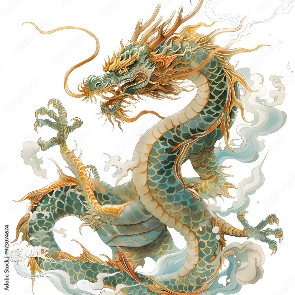 Fototapeta premium Ethereal Chinese Dragon in Flowing, Intricate Digital on White Background