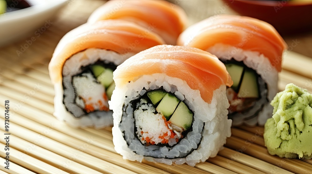 Delicious sushi rolls on a bamboo mat, with wasabi, pickled ginger, and soy sauce on the side. Delicious sushi rolls on a bamboo mat, with wasabi, pickled ginger, and soy sauce on the side.