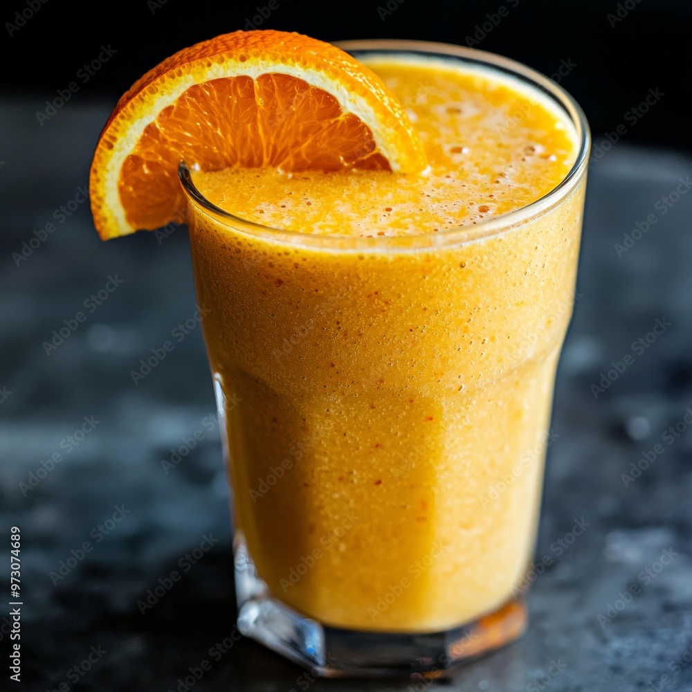 An orange smoothie in a glass with a slice of orange on the rim, the drink radiating freshness An orange smoothie in a glass with a slice of orange on the rim, the drink radiating freshness