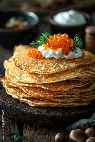 Bliny - Thin pancakes made from buckwheat or wheat flour, typically served with sour cream and various toppings like caviar or mushrooms. photo