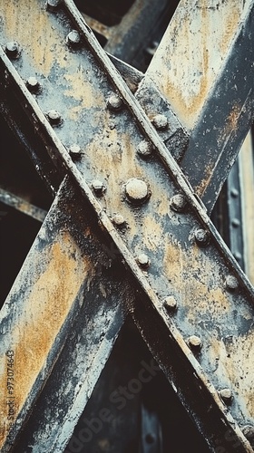 Weathered metal beams intersect in a rustic industrial composition, showcasing rivets and textured surfaces that evoke the raw beauty of aging infrastructure.