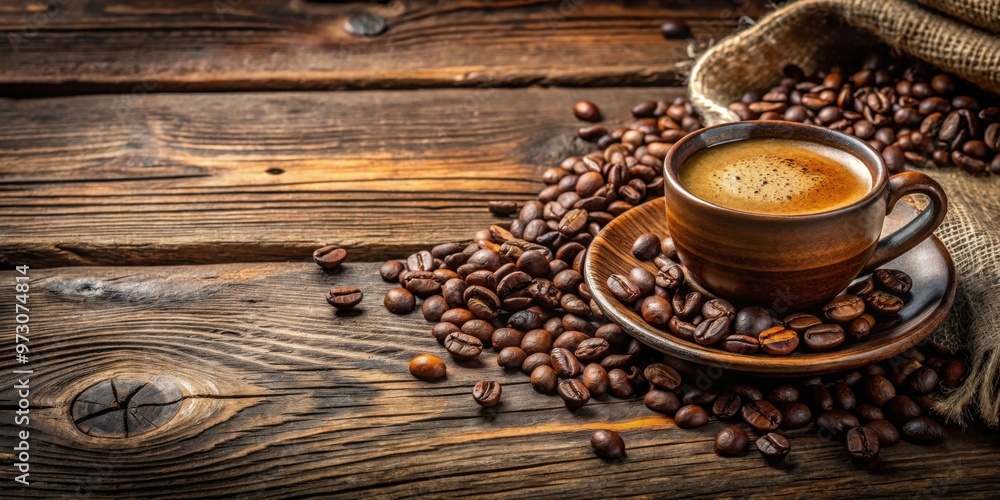 Close-up of a rustic cup of coffee and coffee beans on weathered wooden background Close-up of a rustic cup of coffee and coffee beans on weathered wooden background