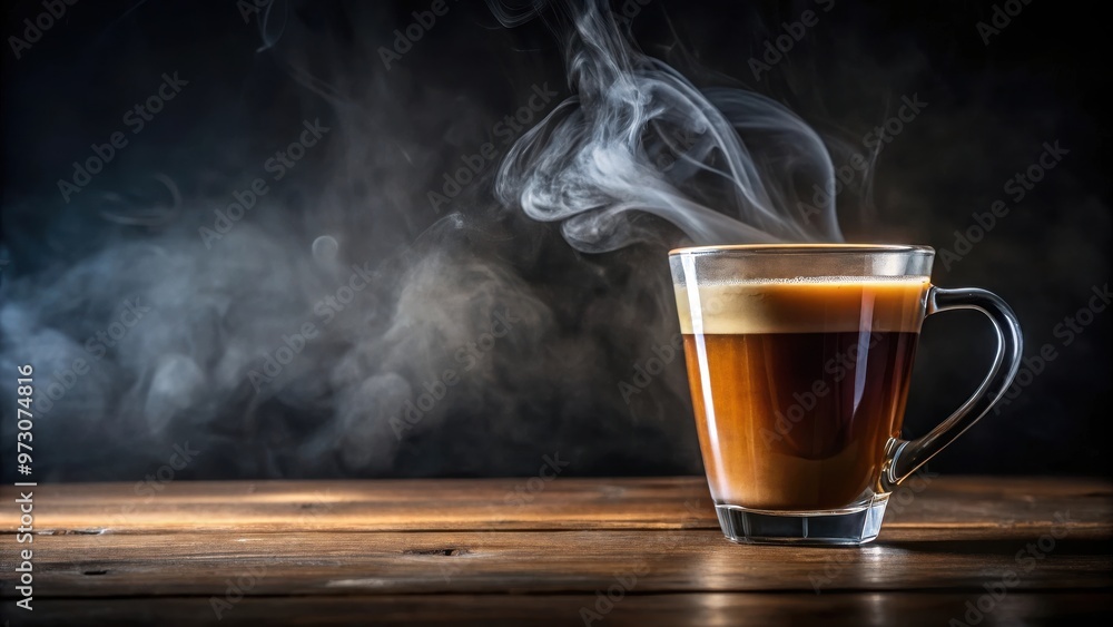 A close-up shot of a glass filled with steaming hot coffee on a dark background