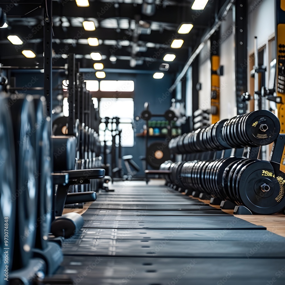 Fitness Gym Interior with Diverse Training Equipment on Shelves Fitness Gym Interior with Diverse Training Equipment on Shelves