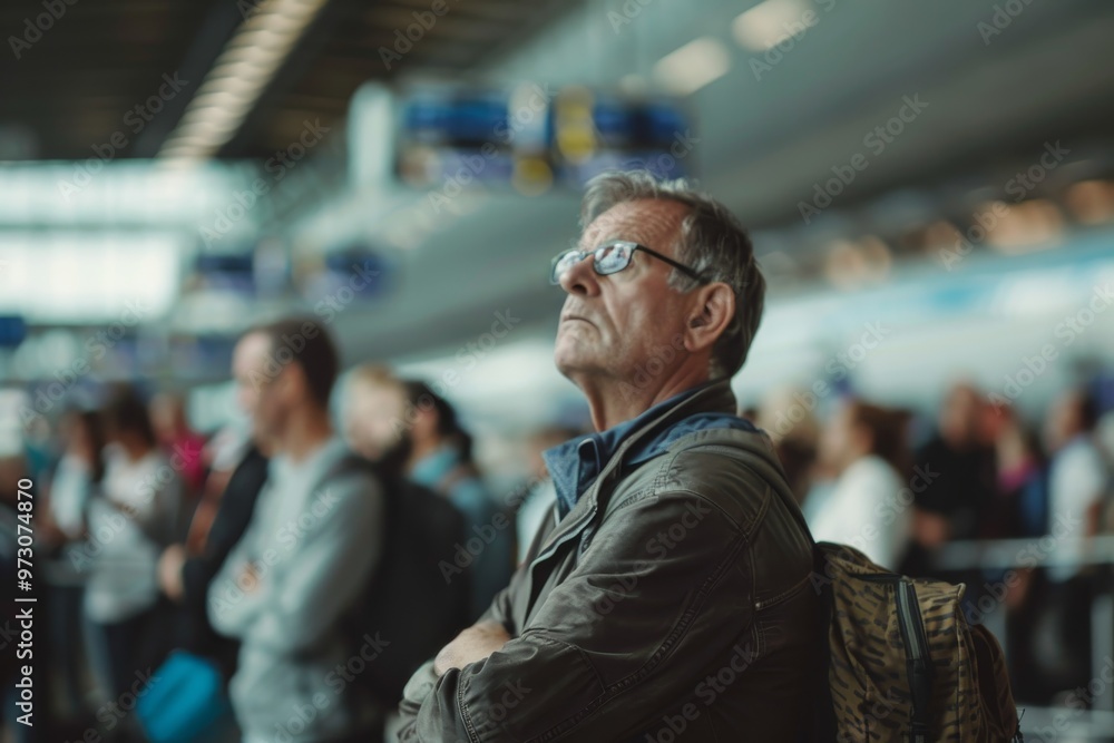 An elderly man stands in contemplation at a bustling airport terminal, surrounded by fellow travelers, showcasing the anticipation and emotions of travel. An elderly man stands in contemplation at a bustling airport terminal, surrounded by fellow travelers, showcasing the anticipation and emotions of travel.