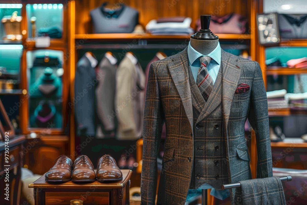 A sophisticated tailored suit is showcased on a mannequin in a high-end men's boutique, highlighting intricate details, fabrics, and luxurious aesthetics. A sophisticated tailored suit is showcased on a mannequin in a high-end men's boutique, highlighting intricate details, fabrics, and luxurious aesthetics.