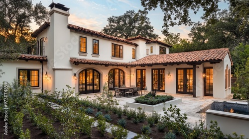 A newly built house with a Mediterranean-inspired design, featuring stucco walls, a tile roof, and an inviting courtyard photo