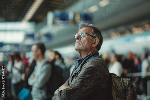 An elderly man stands in contemplation at a bustling airport terminal, surrounded by fellow travelers, showcasing the anticipation and emotions of travel.