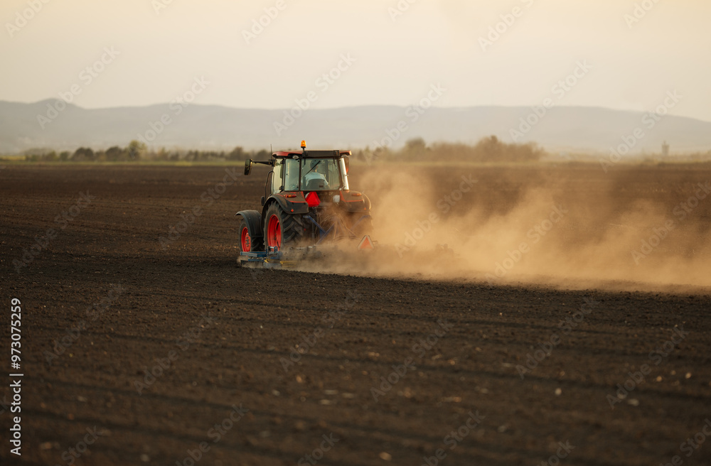 Naklejka premium A red tractor prepares the land with a plow.