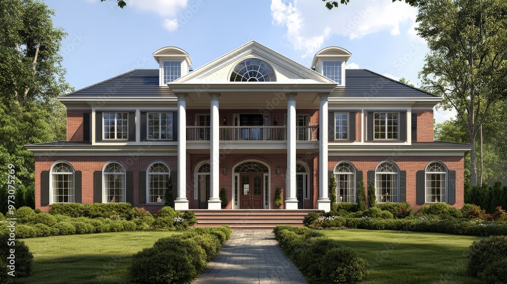 A newly built house with an elegant colonial design. The front features symmetrical windows, a grand entrance with columns, and a well-manicured lawn. A newly built house with an elegant colonial design. The front features symmetrical windows, a grand entrance with columns, and a well-manicured lawn.