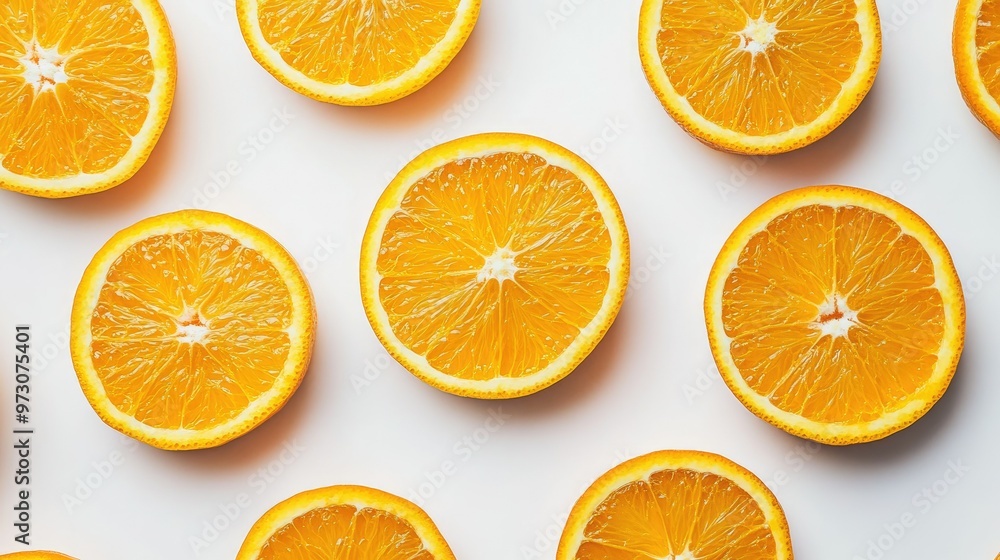 Sliced oranges arranged in a circular pattern on a white background, showcasing their bright, juicy flesh Sliced oranges arranged in a circular pattern on a white background, showcasing their bright, juicy flesh