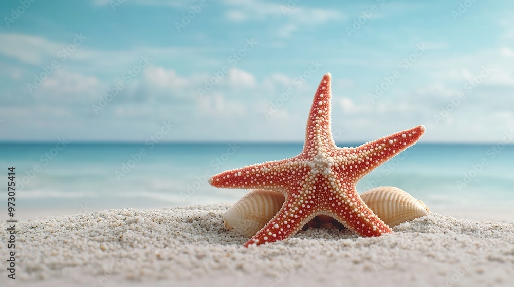 starfish in the white sand with shells starfish in the white sand with shells