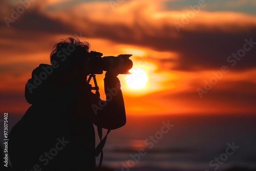 A person stands silhouetted against the vibrant hues of a sunset, holding a camera to capture the natural beauty by the ocean shoreline.