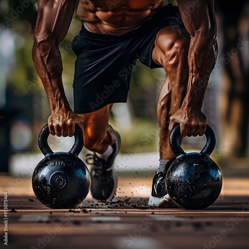 Muscular Athlete Performing Dynamic Kettlebell Workout for Strength and Fitness