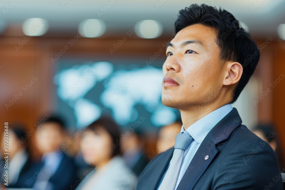 A focused businessman in a suit and tie attending a conference, listening attentively, with a blurred world map and other attendees in the background, symbolizing global business and professionalism. A focused businessman in a suit and tie attending a conference, listening attentively, with a blurred world map and other attendees in the background, symbolizing global business and professionalism.