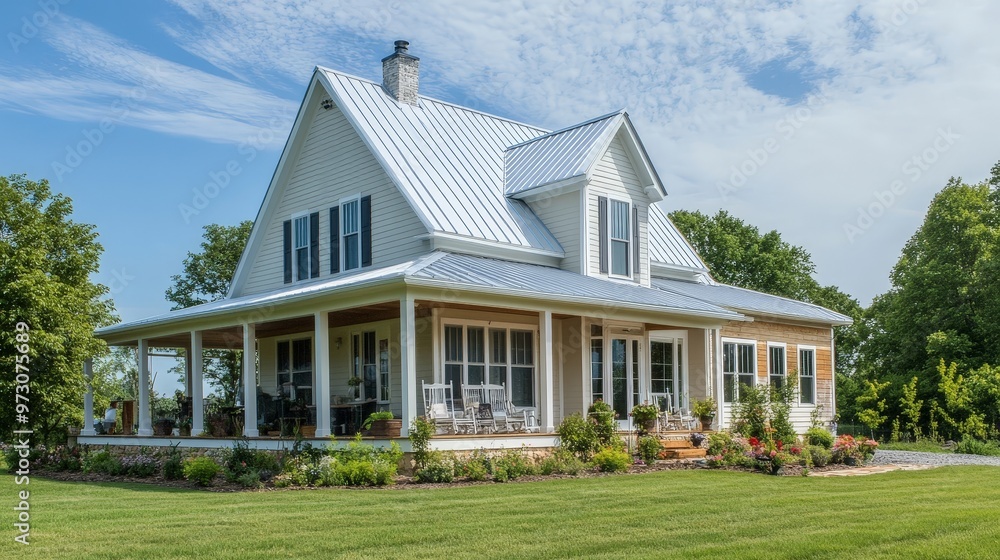 A newly constructed home with a farmhouse design, including a wraparound porch, metal roof, and traditional wooden siding. A newly constructed home with a farmhouse design, including a wraparound porch, metal roof, and traditional wooden siding.