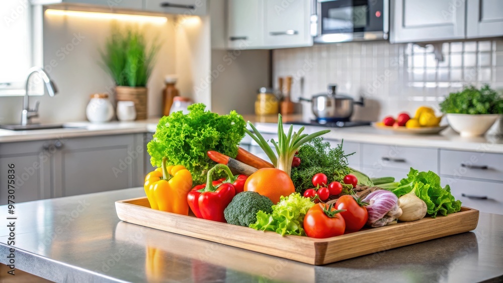 A tray of fresh vegetables arranged on a stylish table in a modern kitchen A tray of fresh vegetables arranged on a stylish table in a modern kitchen