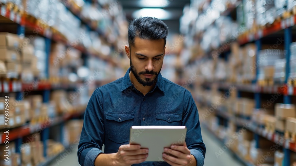 Warehouse manager in a large storage facility, using a digital tablet to check inventory. Shelves filled with boxes line the background, highlighting a busy and organized storage environment. Warehouse manager in a large storage facility, using a digital tablet to check inventory. Shelves filled with boxes line the background, highlighting a busy and organized storage environment.