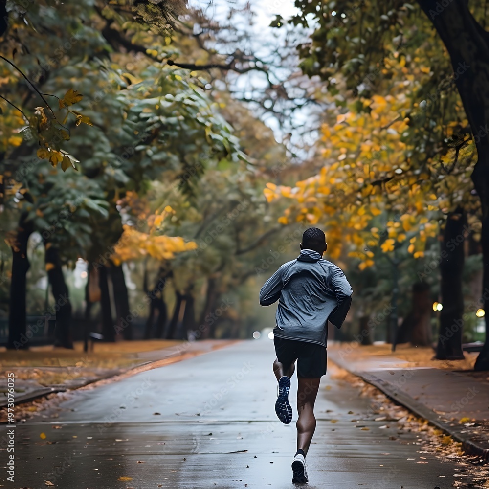 Obraz premium Runner Maintaining Posture During Rainy Autumn Jog on Leaf-Covered Path