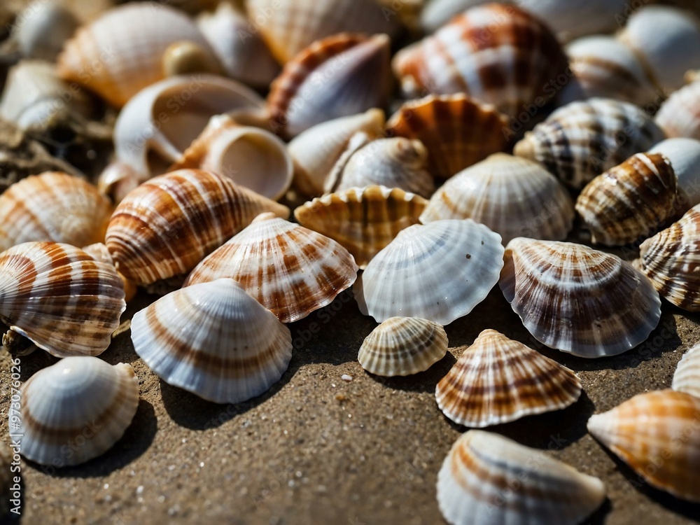 Macro photo of seashells arranged on a surface. Macro photo of seashells arranged on a surface.