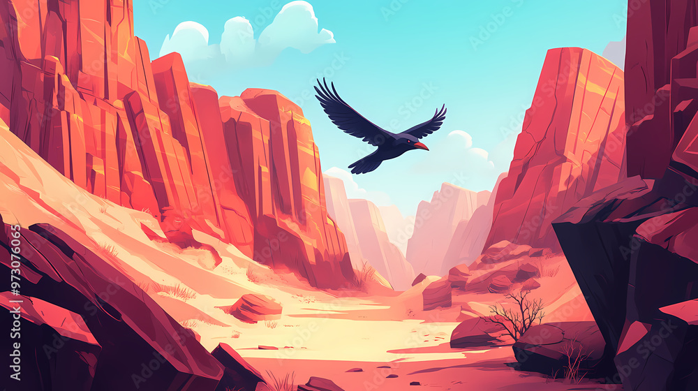 Naklejka premium A raven flies in a canyon with red mountains. modern cartoon landscape of a gorge with stone cliffs, rock faces and a raven. Grand Canyon. Illustration