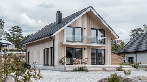 A newly constructed house with a Scandinavian design, featuring simple lines, light-colored wood, and a focus on functionality.