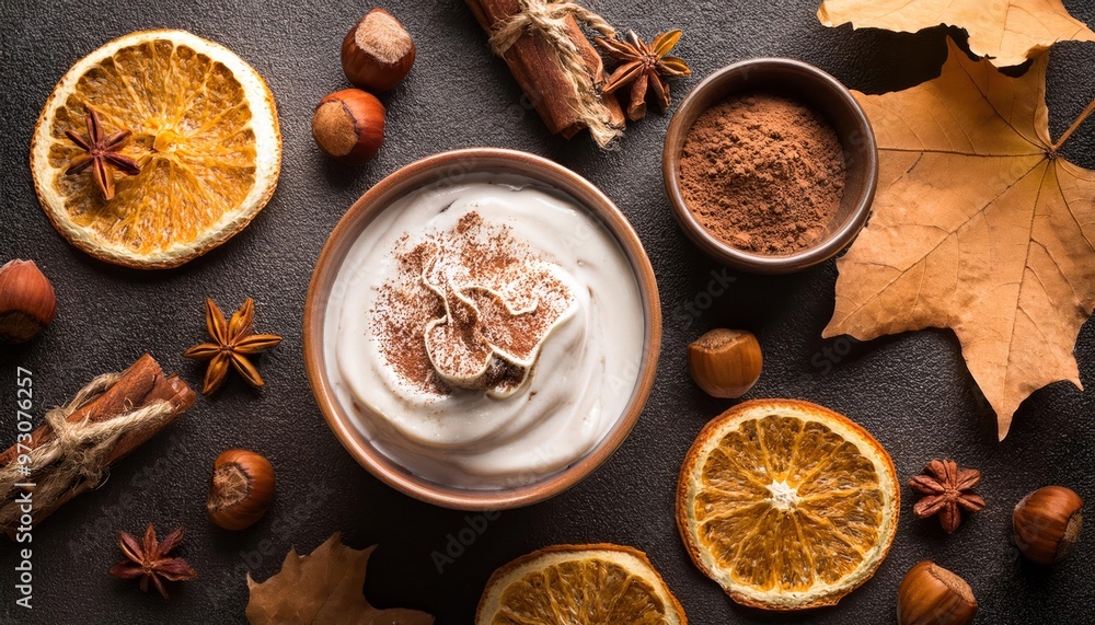 Cream and chocolate, dried oranges, cinnamon, hazelnuts and autumn leaves on dark stone background
Cream and chocolate, dried oranges, cinnamon, hazelnuts and autumn leaves on dark stone background