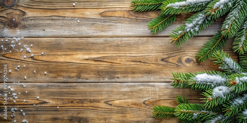 A rustic background of weathered wood with a dusting of snow, featuring a fir tree in the corner A rustic background of weathered wood with a dusting of snow, featuring a fir tree in the corner