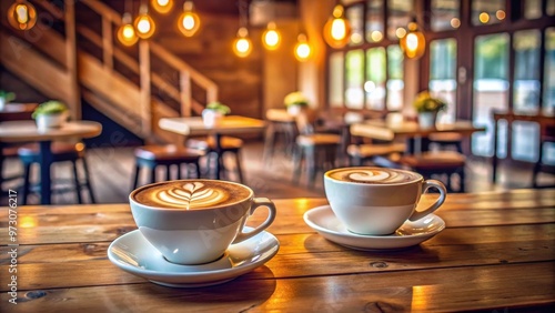 Two cups of latte coffee on a wooden table in a cozy restaurant setting