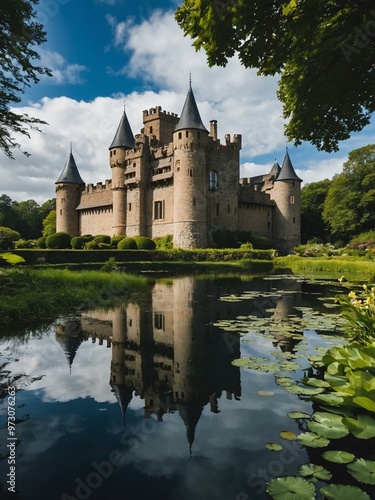 Majestic stone castle with lush gardens and a serene pond