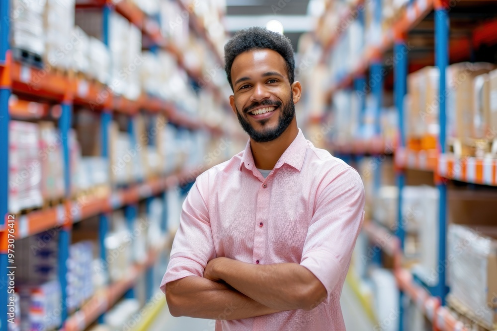 A confident warehouse manager with a beard and crossed arms wearing a plaid shirt standing in a large storage facility filled with shelves of inventory. A confident warehouse manager with a beard and crossed arms wearing a plaid shirt standing in a large storage facility filled with shelves of inventory.