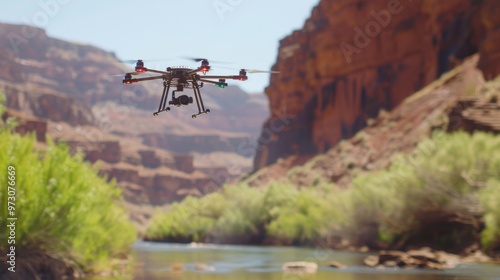 drone equipped with a camera hovers over a majestic canyon performing a specific task photo