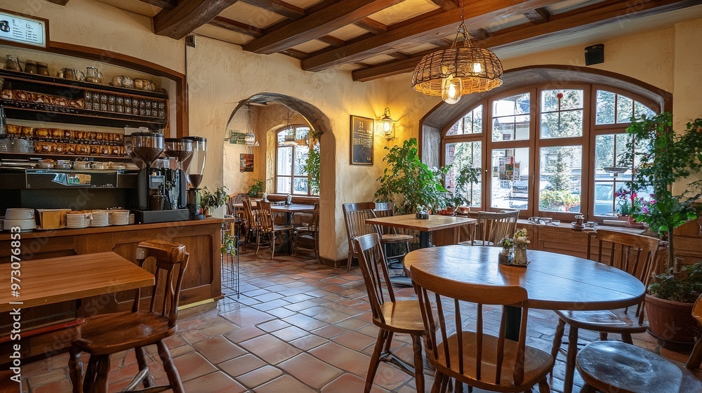 A picturesque cafe with a cozy atmosphere, serving local specialties like freshly baked pastries A picturesque cafe with a cozy atmosphere, serving local specialties like freshly baked pastries