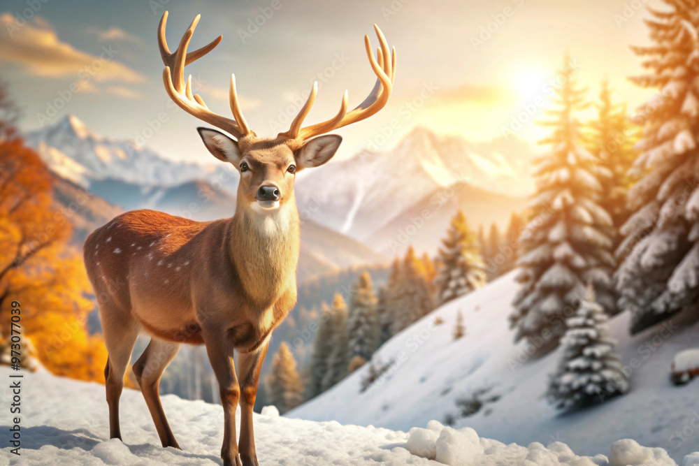 A Majestic Deer Standing in a Snowy Mountain Landscape A Majestic Deer Standing in a Snowy Mountain Landscape