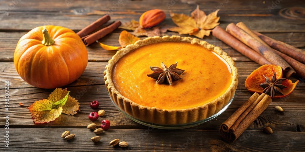 Pumpkin smoothie pie with cinnamon and nutmeg spices on a rustic wooden table with copy space Pumpkin smoothie pie with cinnamon and nutmeg spices on a rustic wooden table with copy space