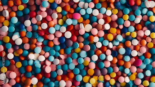 Vibrant array of multicolored pills and tablets scattered across the frame, creating a kaleidoscopic pattern of pharmaceutical diversity and medical abundance.