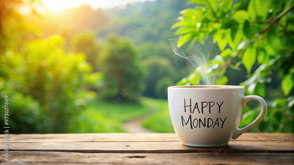 Happy Monday message on a coffee cup surrounded by nature Happy Monday message on a coffee cup surrounded by nature