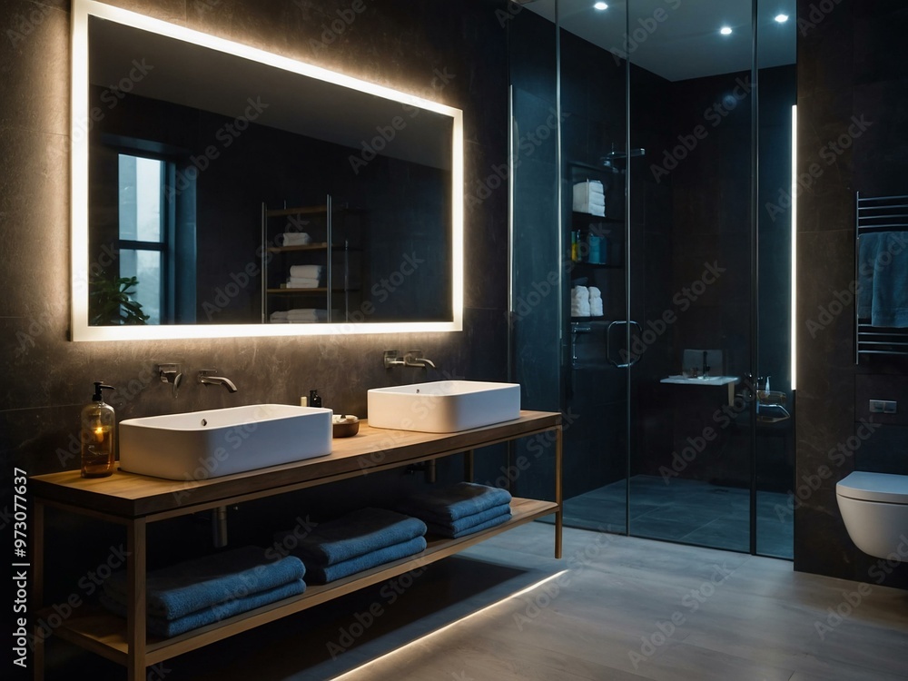 Modern bathroom with double sinks and illuminated mirror. Modern bathroom with double sinks and illuminated mirror.