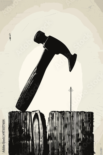 Silhouette of hammer driving nail into plank, construction and repair tools in action, black and white hardware illustration