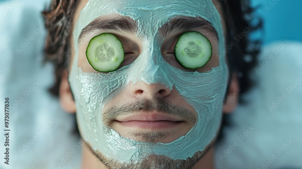 A young man relaxes with a face mask and cucumber slices over his eyes at a spa during a sunny afternoon A young man relaxes with a face mask and cucumber slices over his eyes at a spa during a sunny afternoon