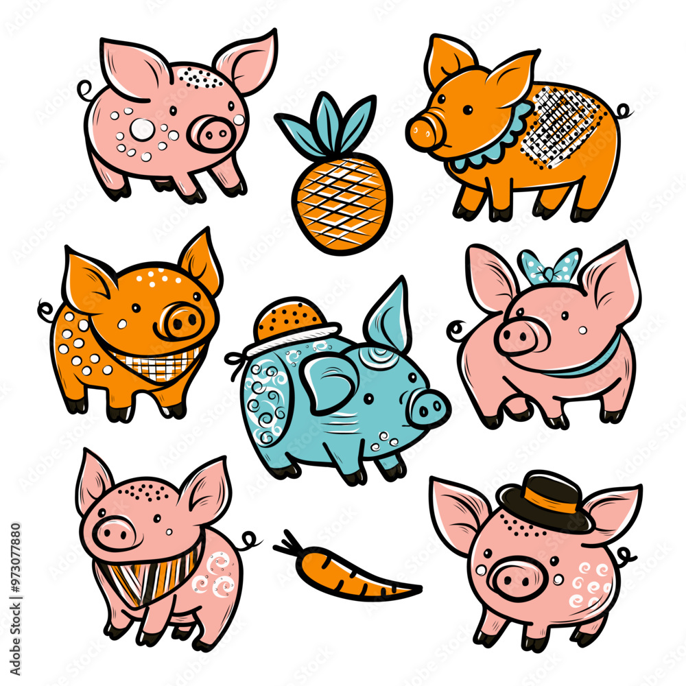 Set of funny pigs, world pig day, oink, vector, isolated, flat. for design packaging, stationery. Set of funny pigs, world pig day, oink, vector, isolated, flat. for design packaging, stationery.